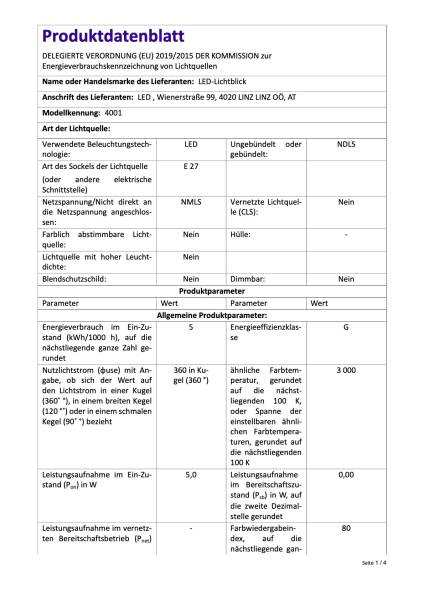 Led Birne E27, 12 - 85 Volt AC/DC, 5 Watt  warm weiss, 4001